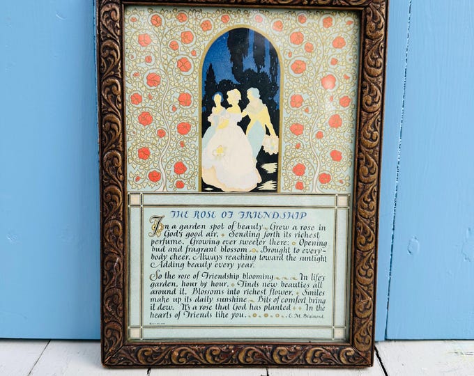 Vintage 1920s Art Deco Framed print with "The Rose of Friendship" poem by Brainerd