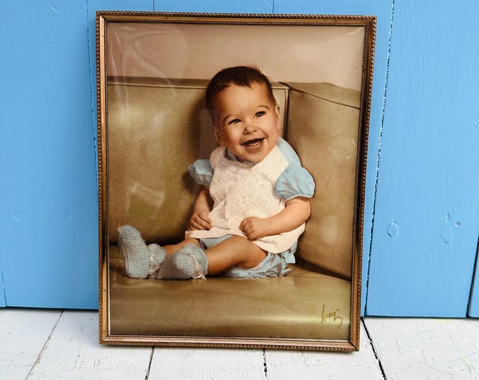 Vintage Loring Baby Portrait Print Framed Mid Century Nursery Wall Art Retro Child Portrait Sepia Color Photograph