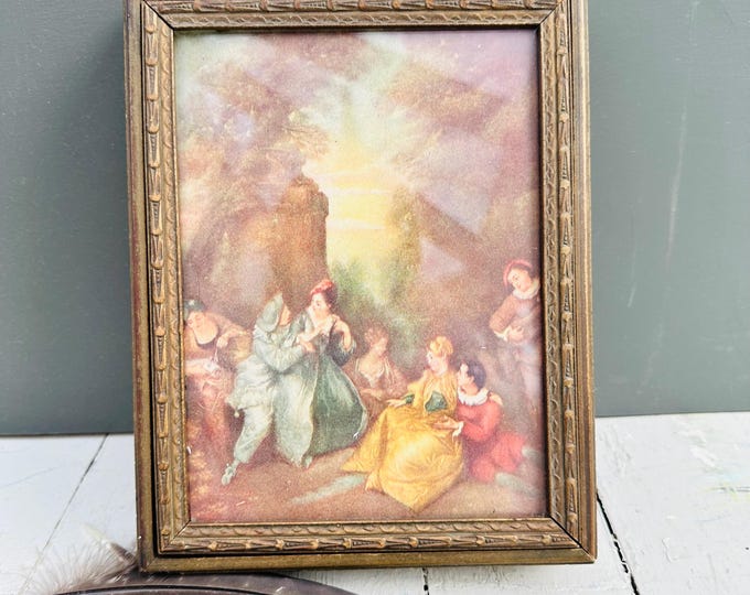 Antique jewelry keepsake box with floral lithograph lid and carved details, handcrafted in France Victorian era