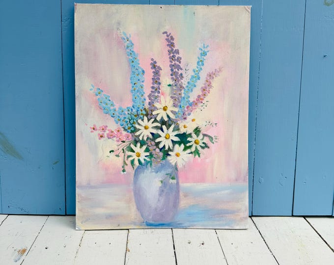 Vintage 1988 Floral Still Life Painting Signed HFoster Pastel Cottagecore Flower Bouquet Art