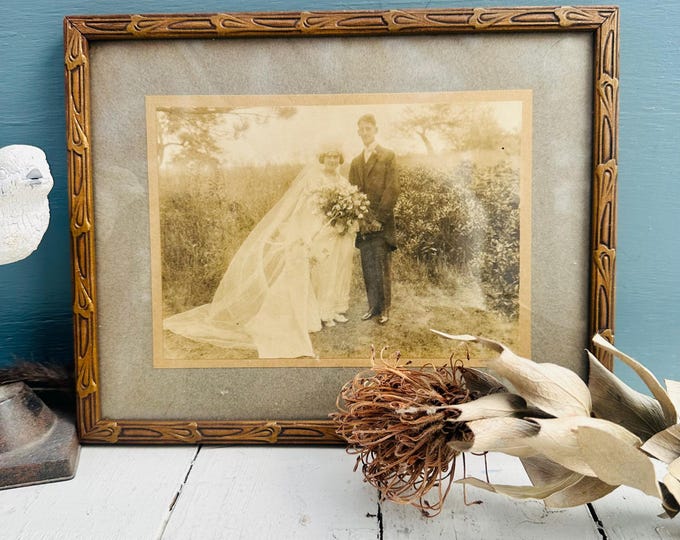 Vintage 1920s Framed Wedding Photograph, Bride and Groom, Ornate Art Deco Frame