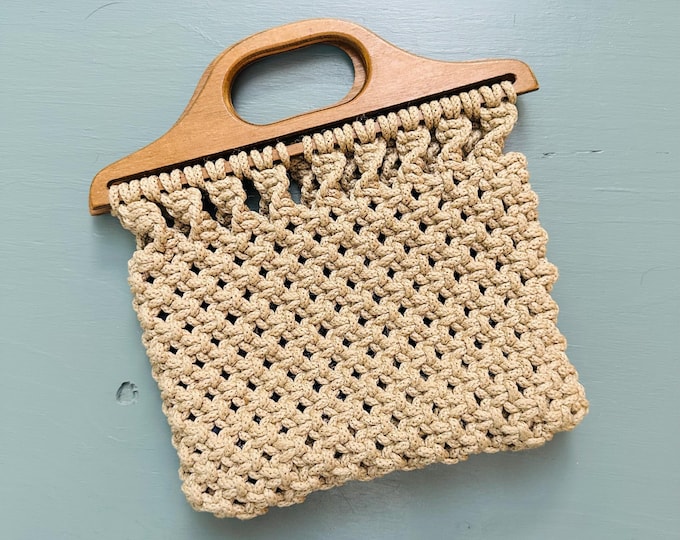 Vintage 1970s Macrame Handbag Wooden Frame Handles Lined Boho Crochet Purse Natural Cotton Top Handle Hippie Bag