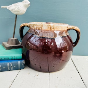 Vintage 1970s USA Pottery Bean Pot Crock with Handles, Brown Drip Glaze