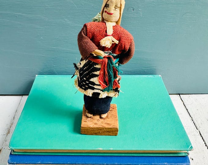Vintage Latin American Folk Art Doll Handmade Cloth Woman Carrying Sack Woven Textile Figure Primitive Village Decor
