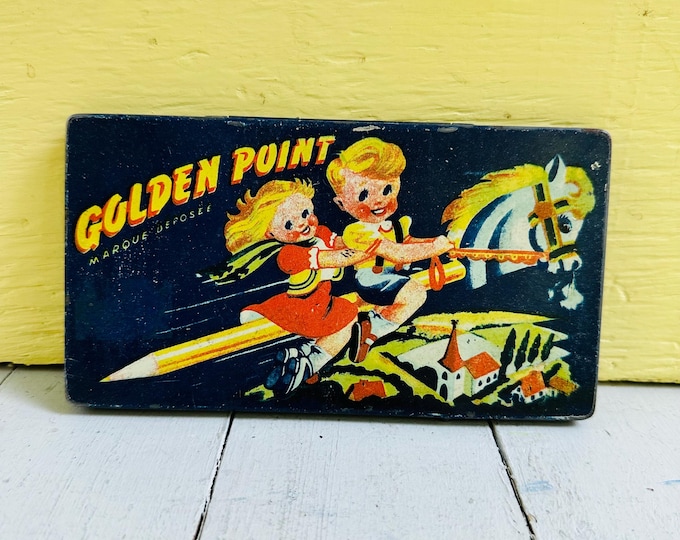 Vintage Golden Point Tin Pencil Box Marque Deposee Childrens School Supply Case Mid Century Lithograph Tin Storage Box