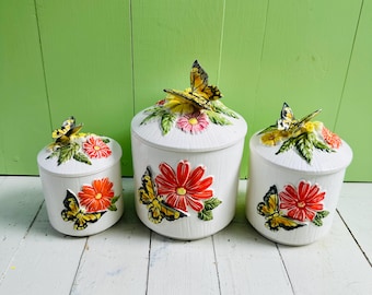 Juego de botes de cocina de cerámica con diseño de mariposas de Sears, estilo vintage, 3 piezas. Decoración de cocina con mariposas. Almacenamiento estilo cottagecore.