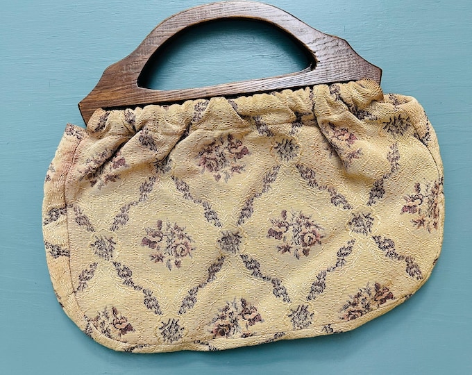 Vintage Floral Tapestry Handbag Wooden Handles Boho Purse Cottagecore Top Handle Bag