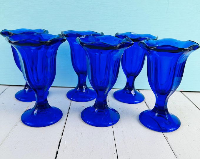 Vintage Mid Century Anchor Hocking Cobalt Blue Dessert Glasses, Set of Six 1970s Ice Cream Glasses