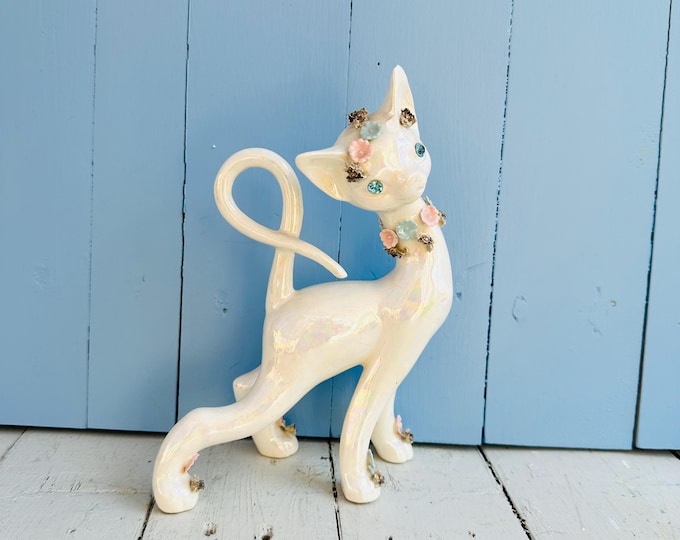 Vintage Lefton Cat Figurine Iridescent Rhinestone Ceramic Mid Century Glam Decor Spaghetti Ceramic Kitten
