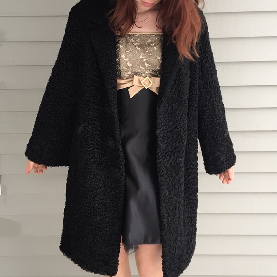 1920s Black Lambswool Dress Coat, Women's Size Med