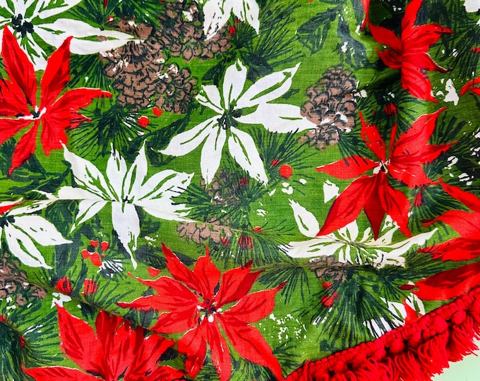 Vintage MCM Christmas Tablecloth Round 50 inches Poinsettia Red Fringe Vintage Xmas Tablecloth Mid Century Tablecloth Pinecones Holly
