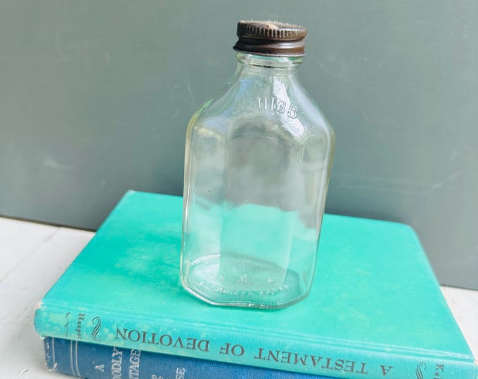 Vintage Squibb Apothecary Bottle | Embossed Pharmacy Glass Bottle with Metal Lid | Antique Drugstore Decor