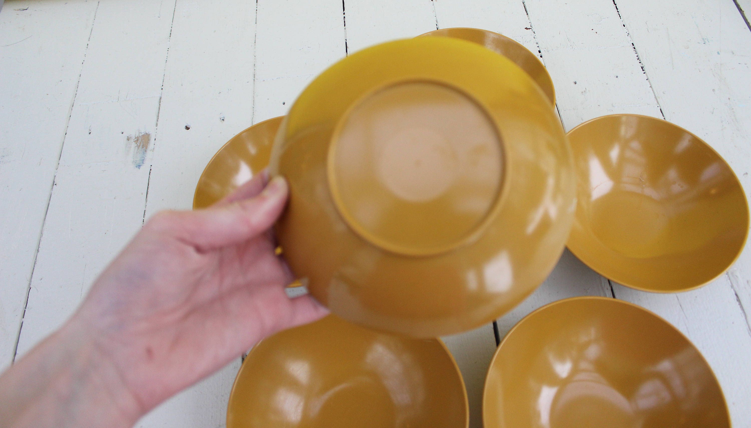 Vintage Melamine Bowls, Set of Seven, Harvest Gold Melamine Bowls