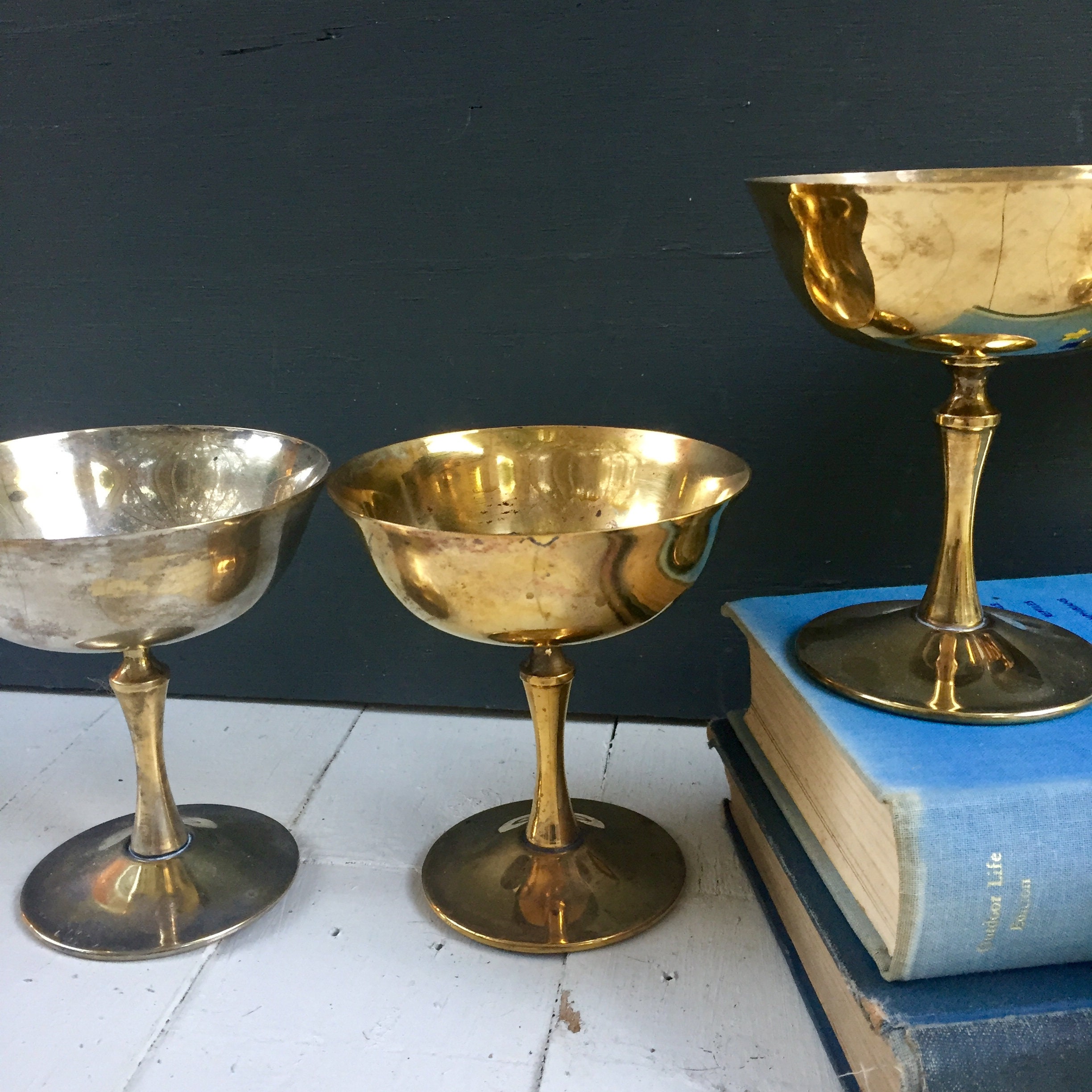Vintage Brass Pedestal Cups, Set of Six, Vintage Brass Candleholders