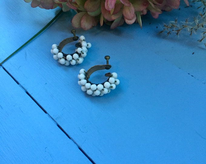 Vintage 1930s Glass Beaded Earrings, Vintage White Glass Beaded Earrings, Vintage Beaded Earrings, Vintage Bridal Earrings