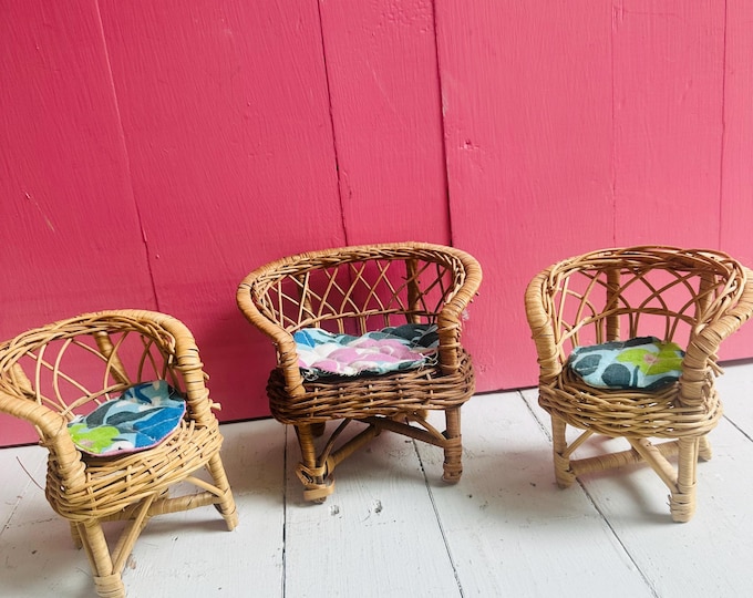 Vintage 70s Wicker Doll House Furniture with Retro Cushions, 3 piece set, Vintage Wicker Doll House furniture, 2 chairs and a settee couch
