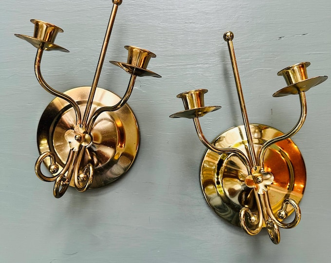 Vintage Brass Wall Candle Sconces Pair Double Arm Taper Candle Holders Hollywood Regency Floral Scroll Gold Wall Decor