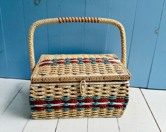 Vintage Woven Sewing Basket Mid Century Sewing Box Needlecraft Storage Basket Red Aqua Wicker Craft Organizer
