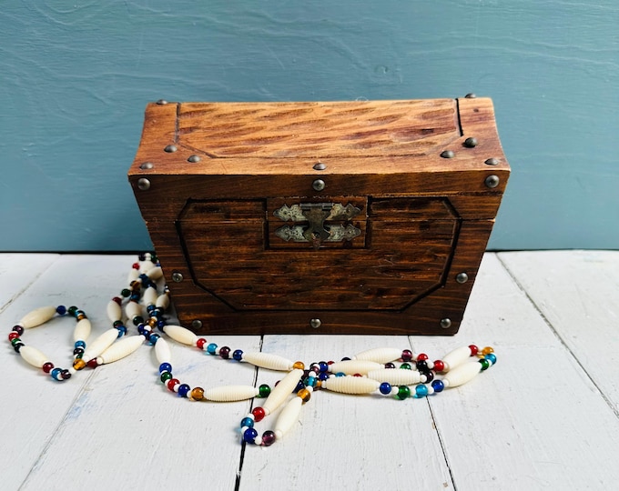 Vintage Wooden Treasure Chest Jewelry Box Red Velvet Lined Keepsake Box Rustic Wood Trinket Box Pirate Treasure Chest Brass Latch