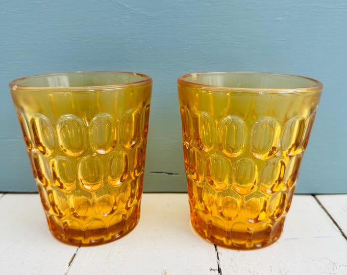 Vintage MCM Fenton Tumbler Glasses, Set of Two, Colonial Amber Thumbprint pattern