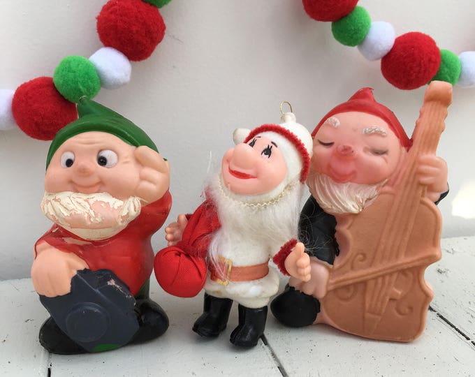 Vintage Elf Ornaments, Set of Three, Kitschy Christmas Elves, Vintage Christmas Elves, Vintage Ornaments, Vintage Christmas Decor MCM Xmas