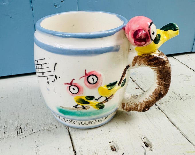 Vintage 1950s Whistle For Your Milk Children's Cup, Ross Products Bird Whistle Mug, Kitschy Coffee Mug