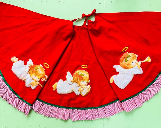 Vintage Christmas Tree Skirt Angel Red White Candy Stripe Trim MCM Xmas Tree Skirt Retro Tree Skirt Mid Century Tree Skirt Retro Christmas