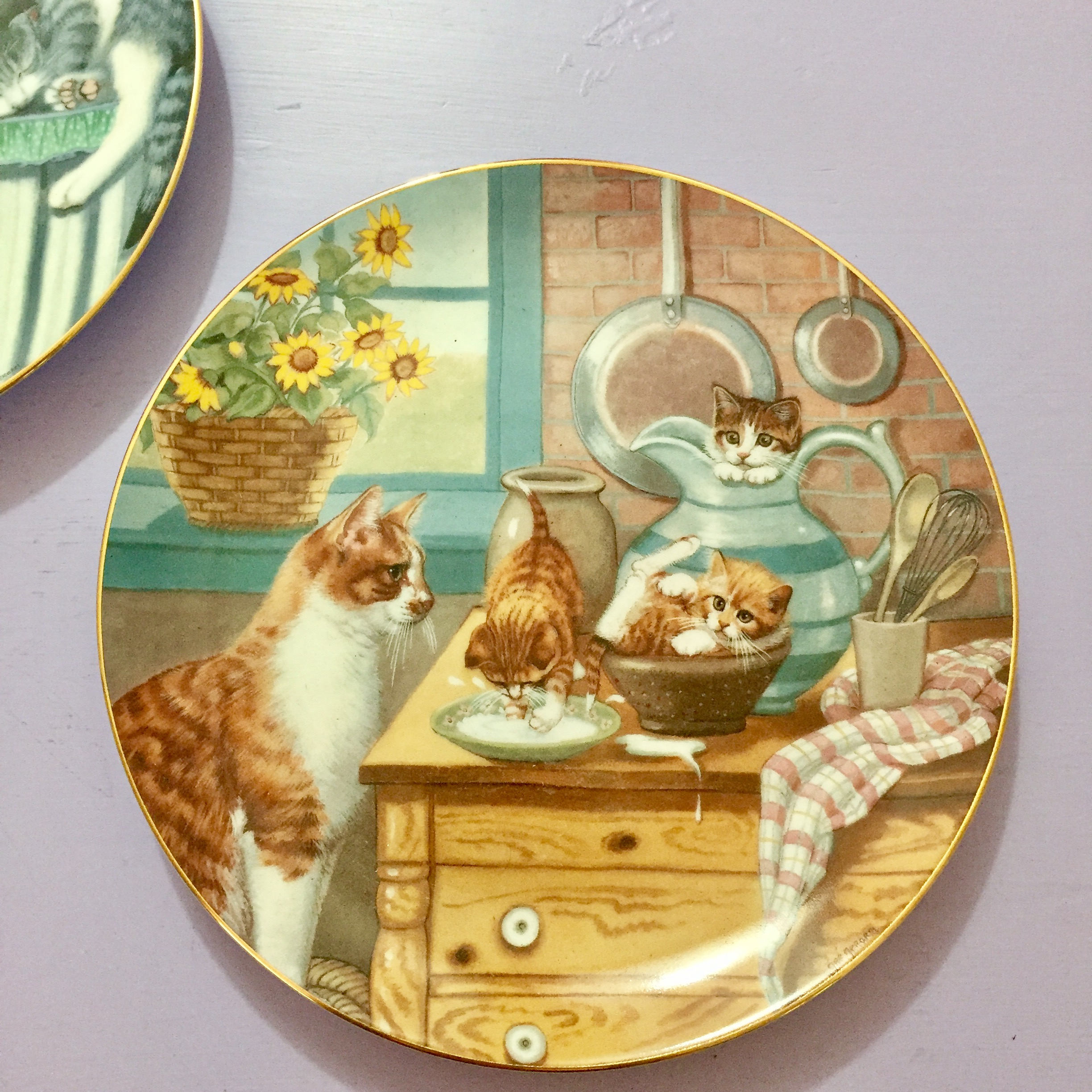 Vintage Decorative Cat Plates, Set of Two Collectible Plates, Gre