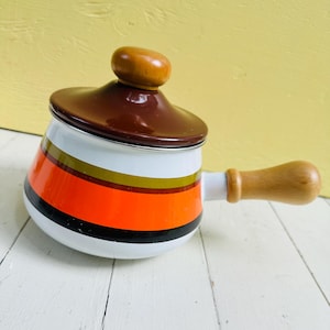 Vintage 1960s Levcoware Fondue Pot, Vintage Enamel Pot, Retro Kitchenware, Brown Striped Pot, Retro Pots and Pans, MCM Pan, 60s Dining