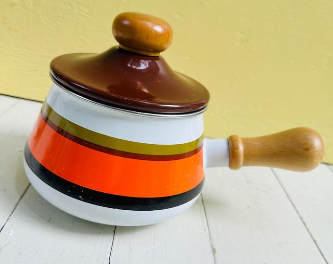 Vintage 1960s Levcoware Fondue Pot, Vintage Enamel Pot, Retro Kitchenware, Brown Striped Pot, Retro Pots and Pans, MCM Pan, 60s Dining