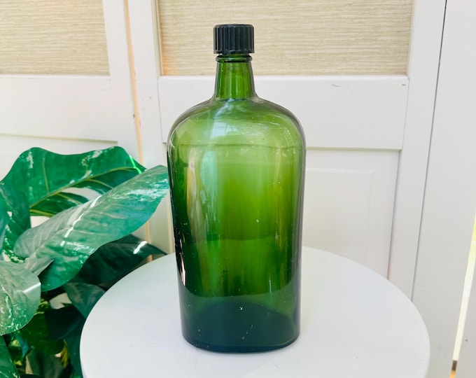 Vintage Green Glass Utility Bottle Large Apothecary Style Bottle Industrial Laboratory Decor Emerald Glass Vase