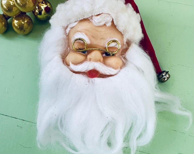 Vintage Santa Ornament MCM Collectible Santa Head Christmas Ornament Fuzzy Beard Glasses Velvet Santa Hat Kitschy Santa Ornament Mid Century