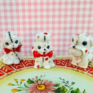 Vintage 1950s Dog Figurines Set of Three Red Gold Polka Dotted Puppy Knick Knacks Terrier Poodle Spaniel Dog Collection Ceramic Dog Figurine