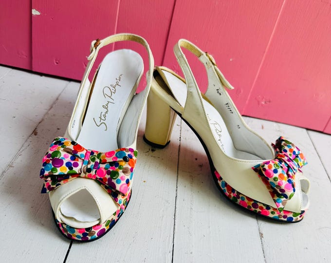 Vintage 1960s Stanley Philipson Women's Platform Heels with Bow and Polka Dots, Women's Size 6 1/2, 60s Platform Heels, Off-White Platforms
