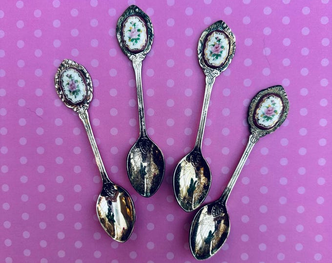 Vintage Rose Enamel Silver Plated Spoons Set of Four Cameo Pink Roses Spoon Set Floral Decorative Spoons Tea Party Spoons Decor