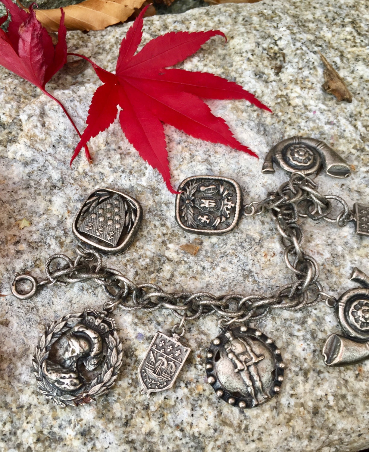 Vintage Silver Charm Bracelet, Medieval Style Knights Shield Coat of