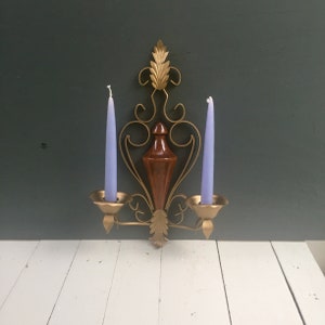 Sconce de pared vintage, Sconce de pared moderno vintage de mediados de siglo, Sconce de pared vintage de madera y latón, portavelas de latón vintage