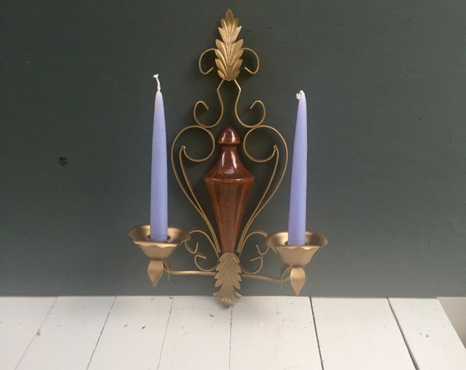 Vintage Wall Sconce, Vintage Mid Century Modern Wall Sconce, Vintage Wood and Brass Wall Sconce, Vintage Brass Candleholder