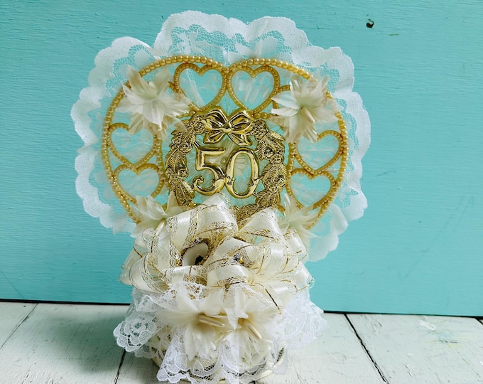 Vintage 50th Anniversary Cake Topper Gold Wedding Anniversary Decoration Lace Pearl Floral Centerpiece With Original Box
