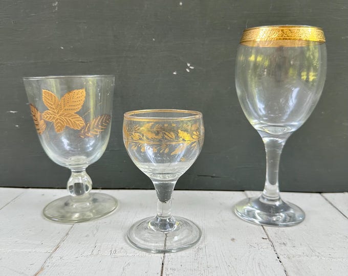 Vintage MCM Mismatched Stemware Gold Leaf Glassware Lot of Three Mid Century Drinking Glasses 1960s Barware Bar Cart Supplies Gold Stemware