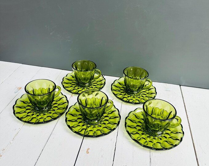 Vintage 70s Anchor Hocking Fairfield Plate and Cup Set of Five Olive Green Pressed Glass Cup and Saucer Retro Glassware Vintage Barware
