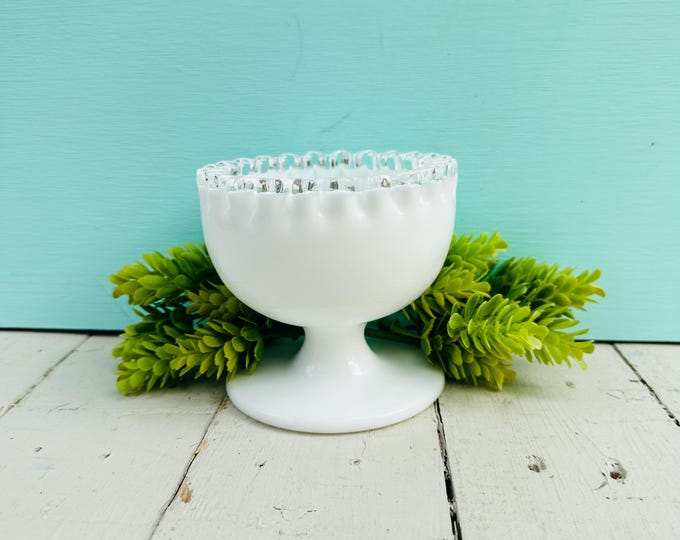 Vintage Fenton Silver Crest Milk Glass Compote Bowl | Pedestal Ruffle Edge Centerpiece | White Wedding Cottagecore Decor