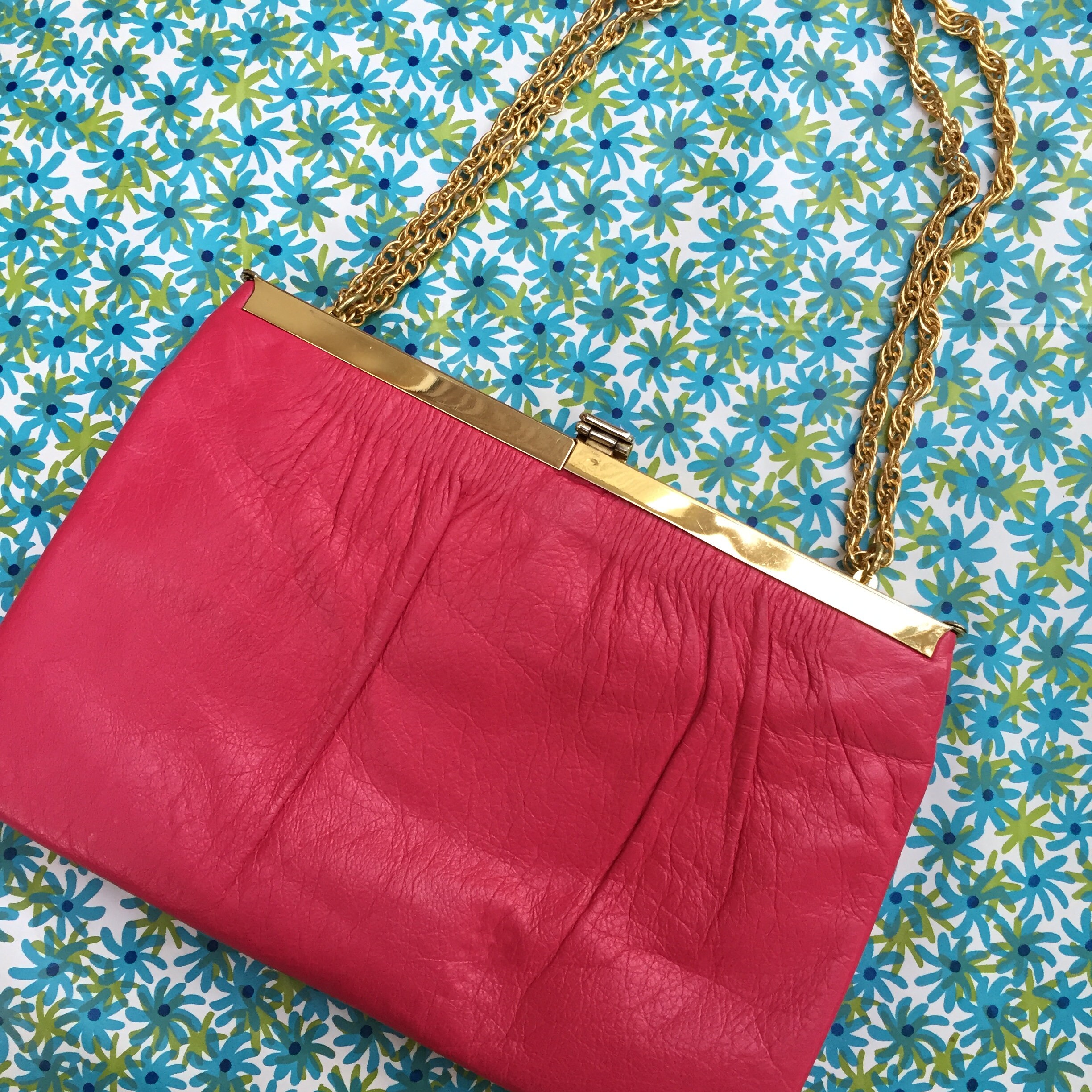 Vintage 1970s Pink Leather Handbag, Vintage Hot Pink Purse, Vintage