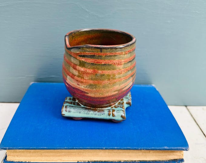 Vintage Raku Japanese Studio Art Pottery Planter Brown and Turquoise Pottery