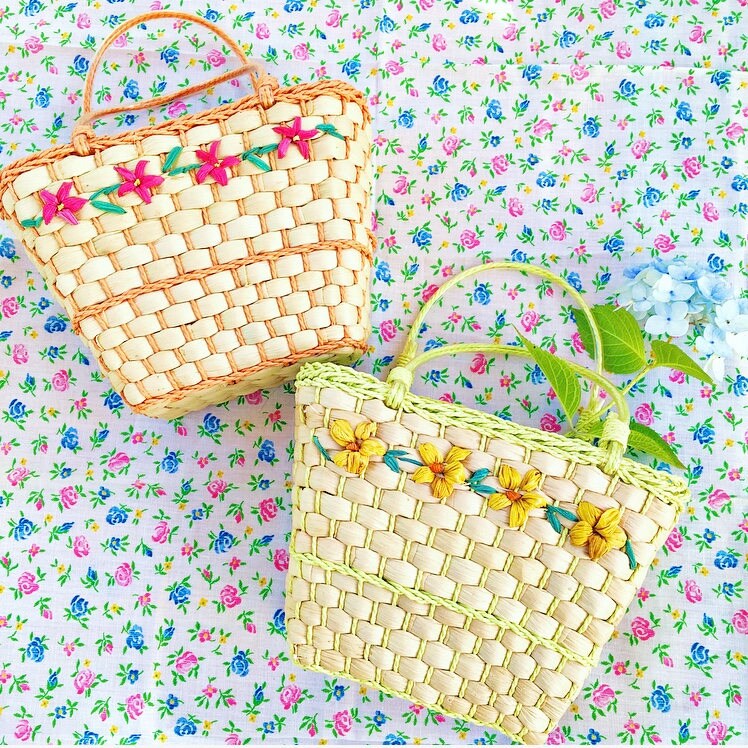 Vintage Straw Handbag, Set of Two, Small Straw Handbag, Floral Straw