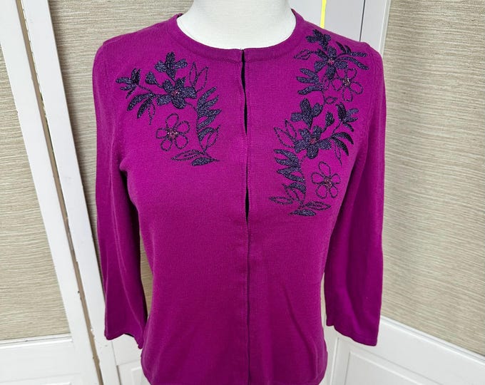 Vintage 90s Beaded Cardigan Sweater, Fuchsia Cardigan Black Floral Beading, Women's size small, dressy cardigan