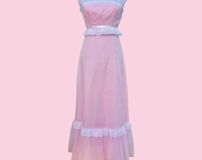 Vintage 1960s Pink Formal Gown | Bridesmaid Maxi Dress | Sheer Polka Dot Lace Prom Dress | Romantic Cottagecore Dress