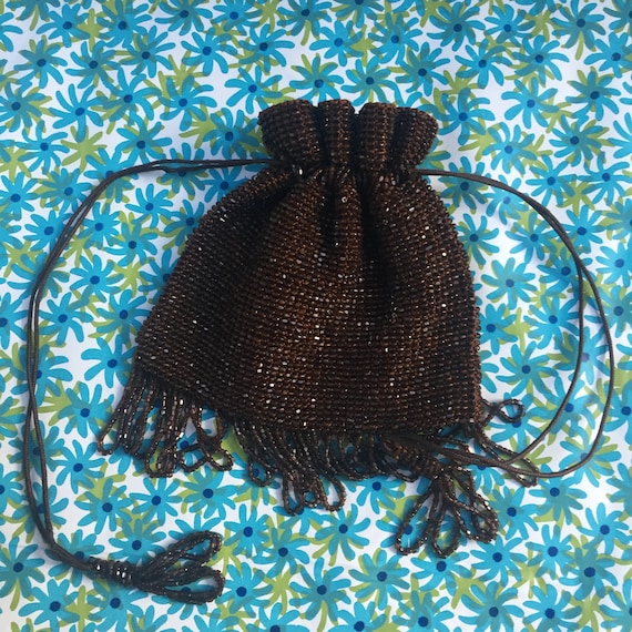 Antique 1920s Beaded Drawstring Purse, Vintage Fl… - image 1