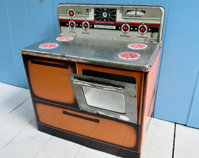 Vintage Wolverine Toy Stove Tin Litho Play Kitchen Oven Mid Century Childrens Toy Metal Pretend Play Appliance