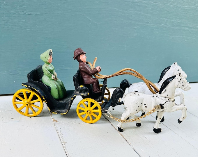 Antique Cast Iron Horse Buggy Driver Lady Two Horses, Cast Iron Toy Collectible, Iron Horse and Wagon Toy